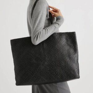 Quince Large Black Leather Woven Tote Bag Purse